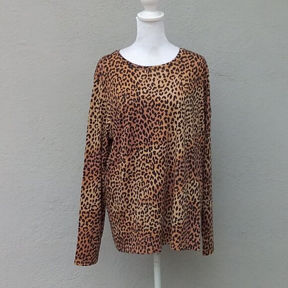 Land's End Top Women's Tee T-shirt XL Black Tan Soft Knit Animal Print - Picture 5 of 5